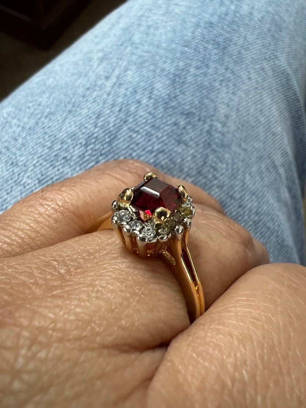 Classic Gold Tone Ruby Halo Ring Size 3.75 8.25 18KHGE